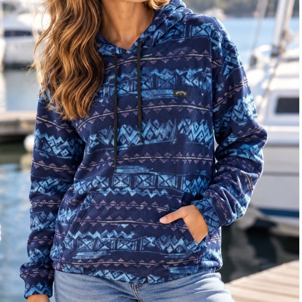 Billabong Fleece Hoodie Womens S Blue NWT Adventure Division Tribal Print